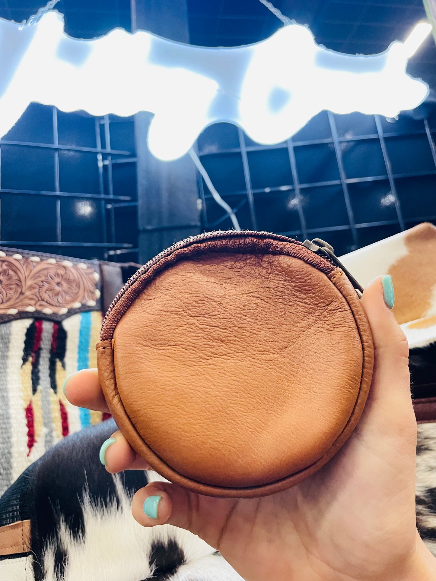 Round Cowhide Coin Pouch