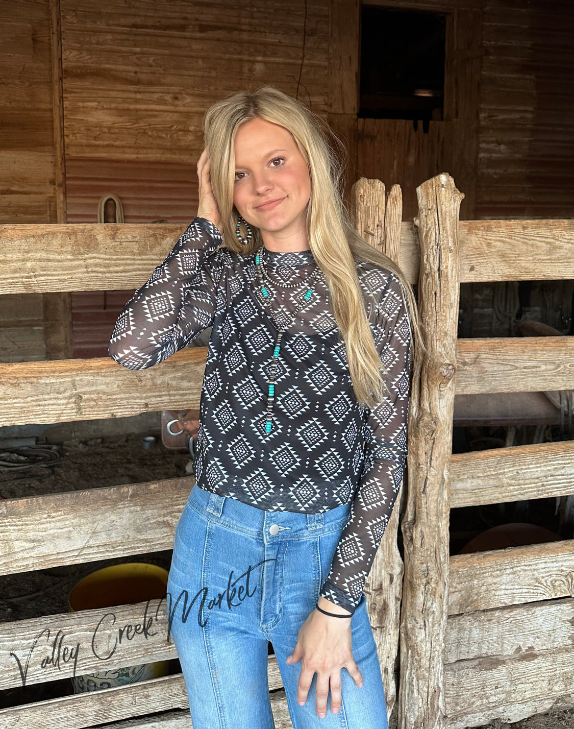 Black Aztec Mesh Top