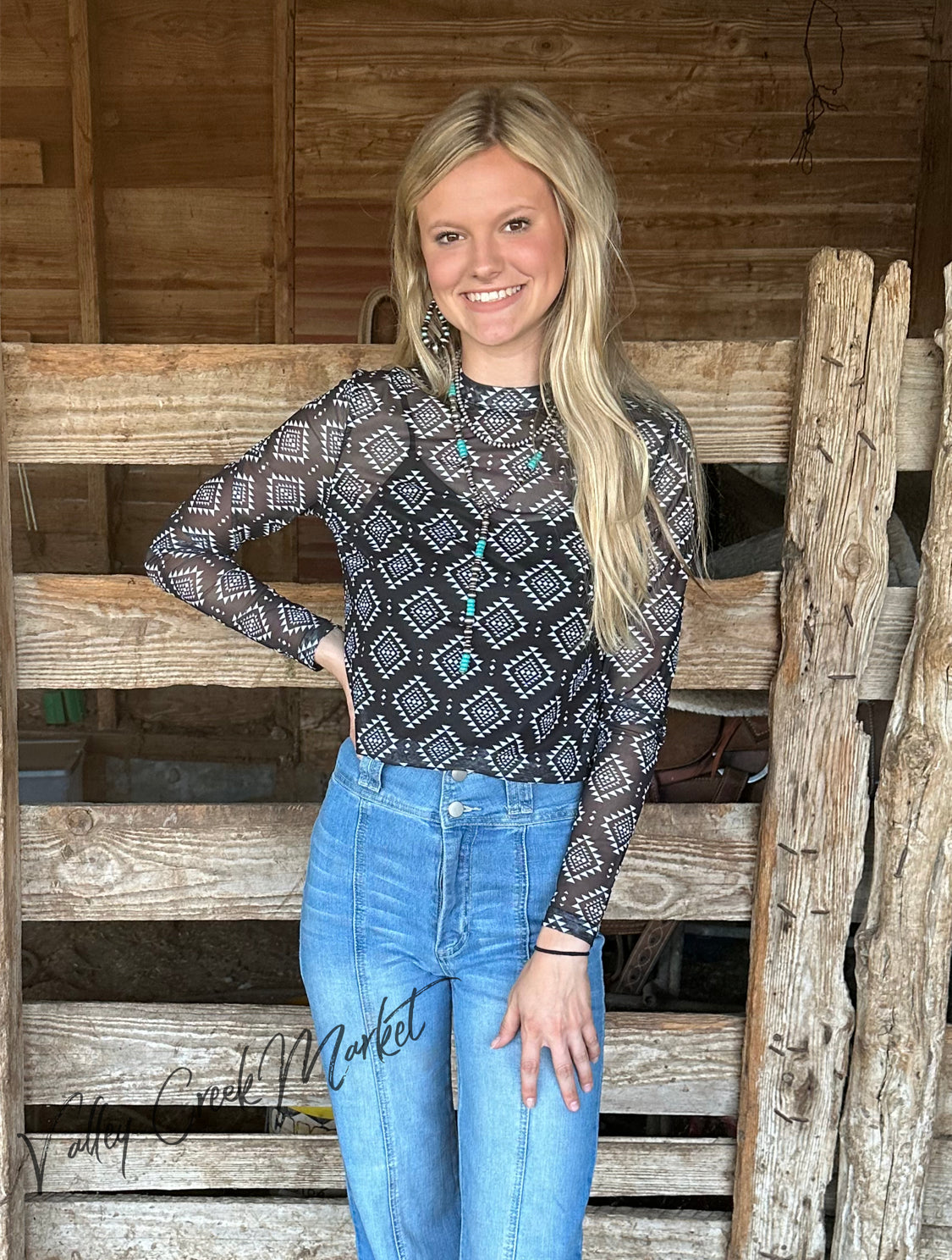 Black Aztec Mesh Top