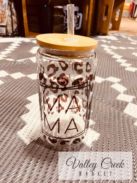 MAMA Leopard Print Glass Can Cup