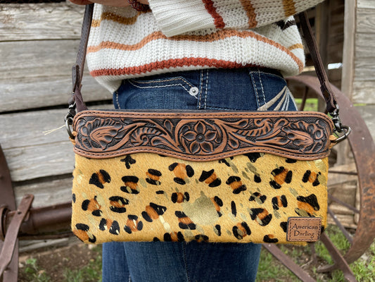 American Darling leopard acid wash tooled leather crossbody