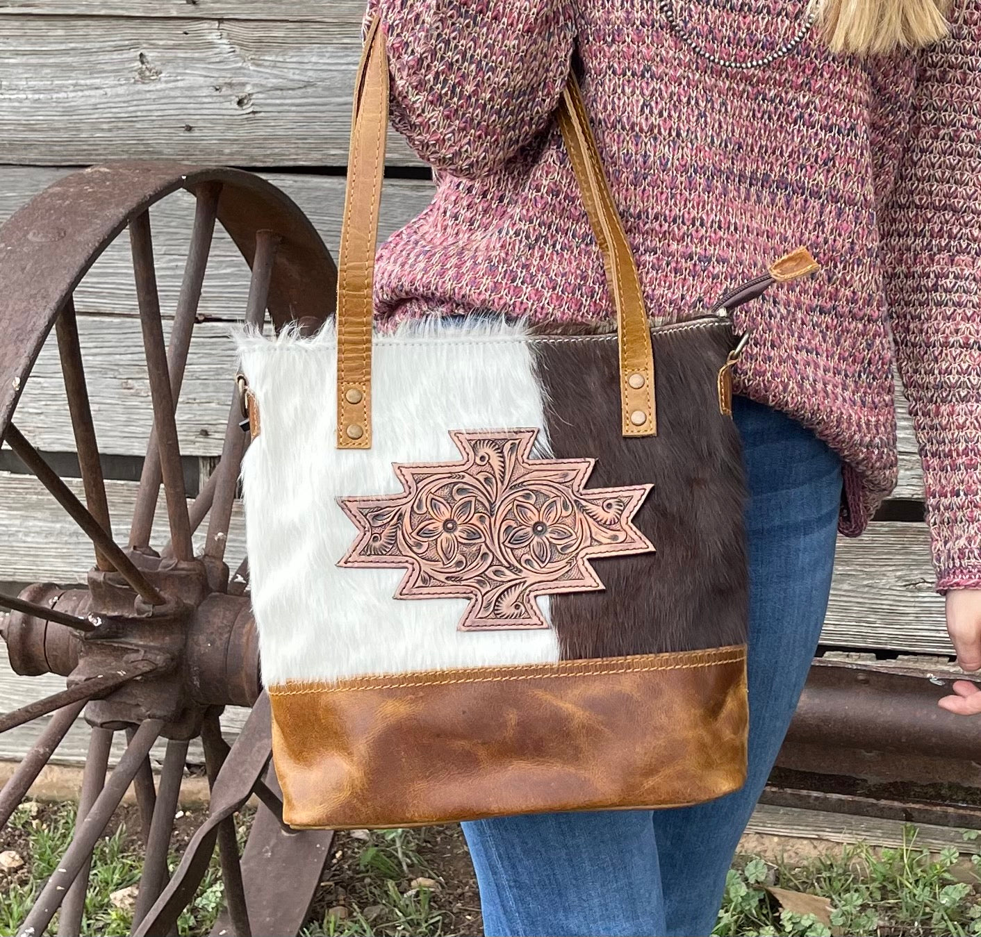 American Darling Tooled Aztec Cowhide Handbag-Concealed Carry