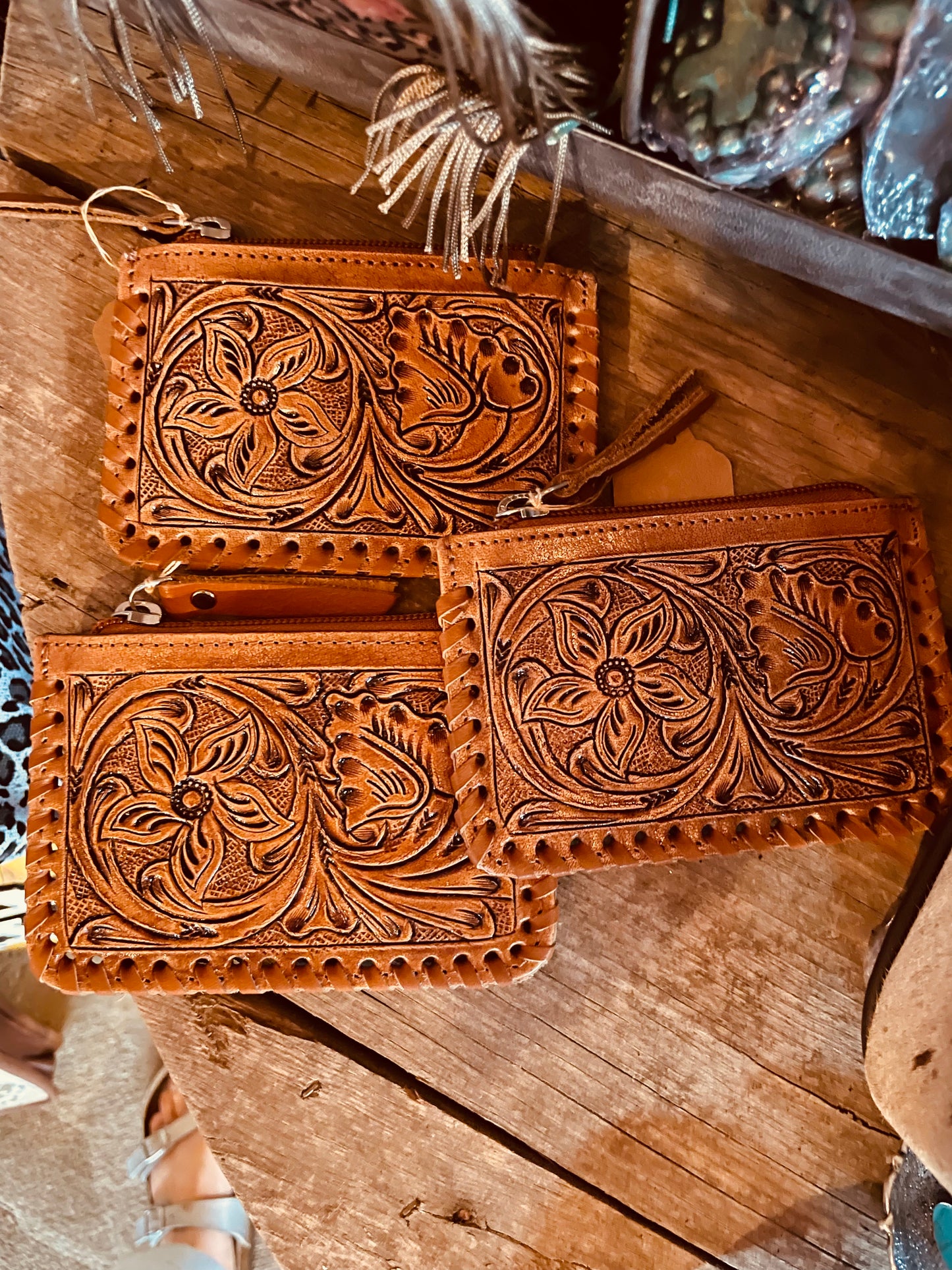 Tooled Leather and Cowhide Coin Pouch