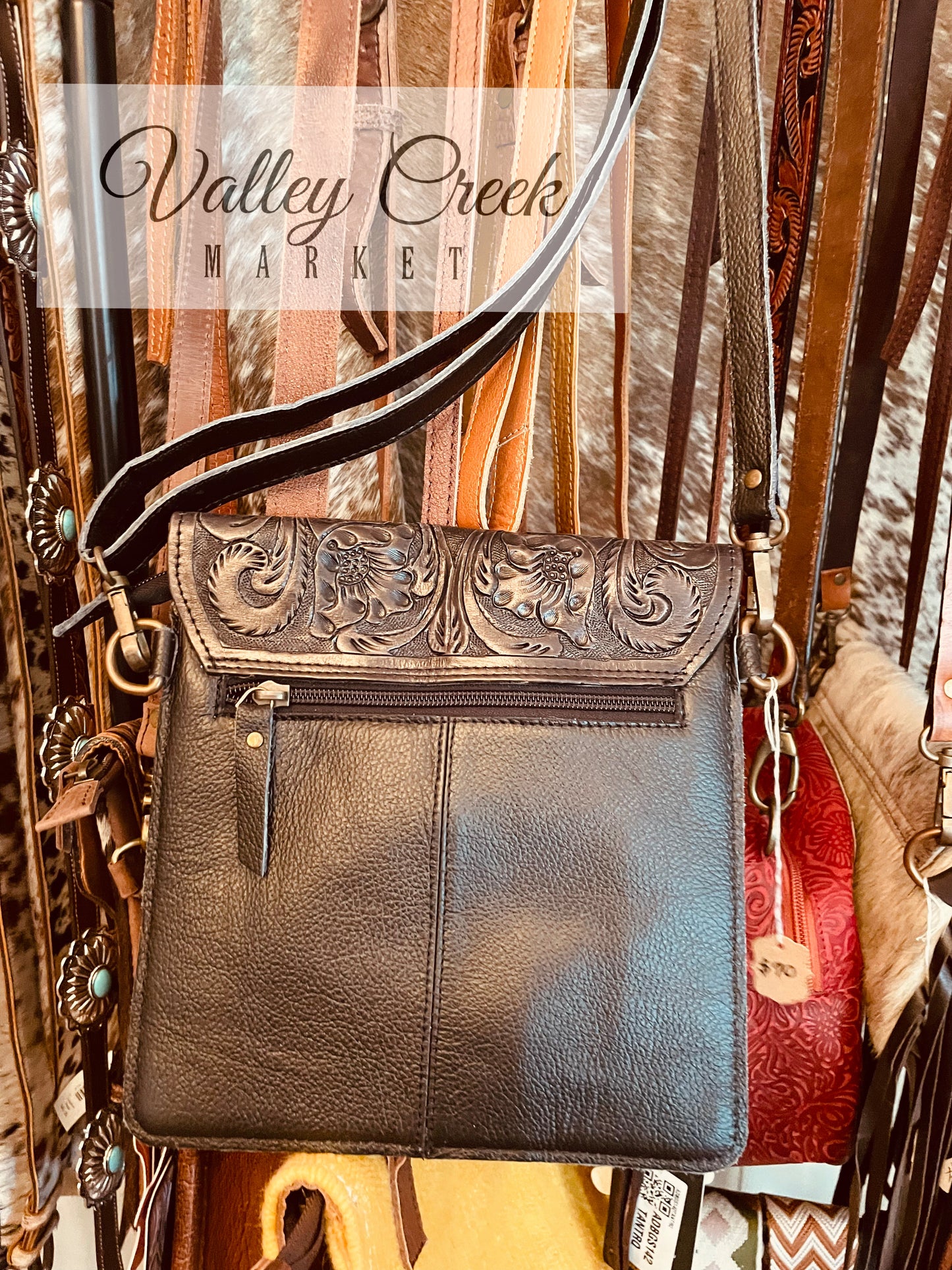 Black Cowhide and Tooled Leather Purse