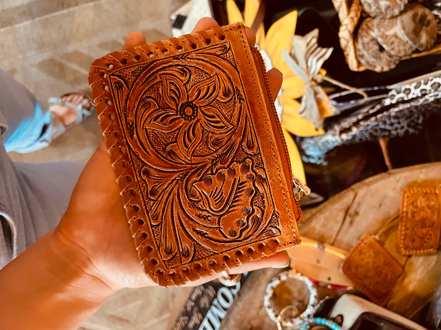 Tooled Leather and Cowhide Coin Pouch