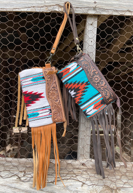 American Darling Saddle blanket wristlet clutch with double side fringe